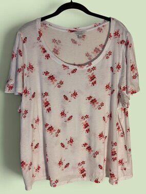 Lucky Brand Women's Flutter Sleeve Cream w/Red Floral Print Tee Sz XXL